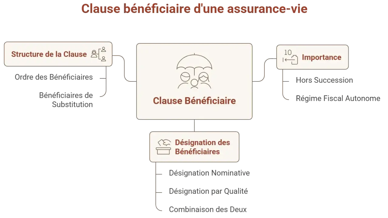 Schéma expliquant la clause bénéficiaire d'une assurance-vie : structure, désignation et importance pour le bénéficiaire.