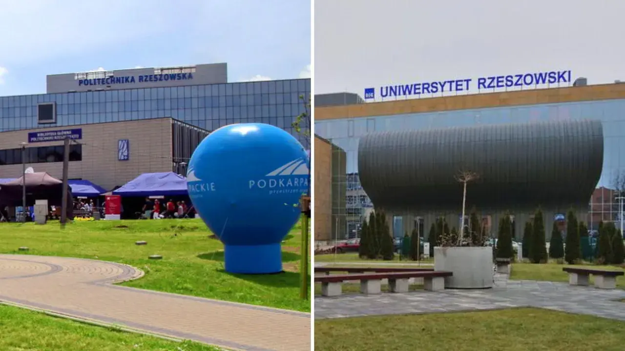 Uczelnie Rzeszów: Politechnika Rzeszowska i Uniwersytet Rzeszowski. Na pierwszym planie niebieski balon.