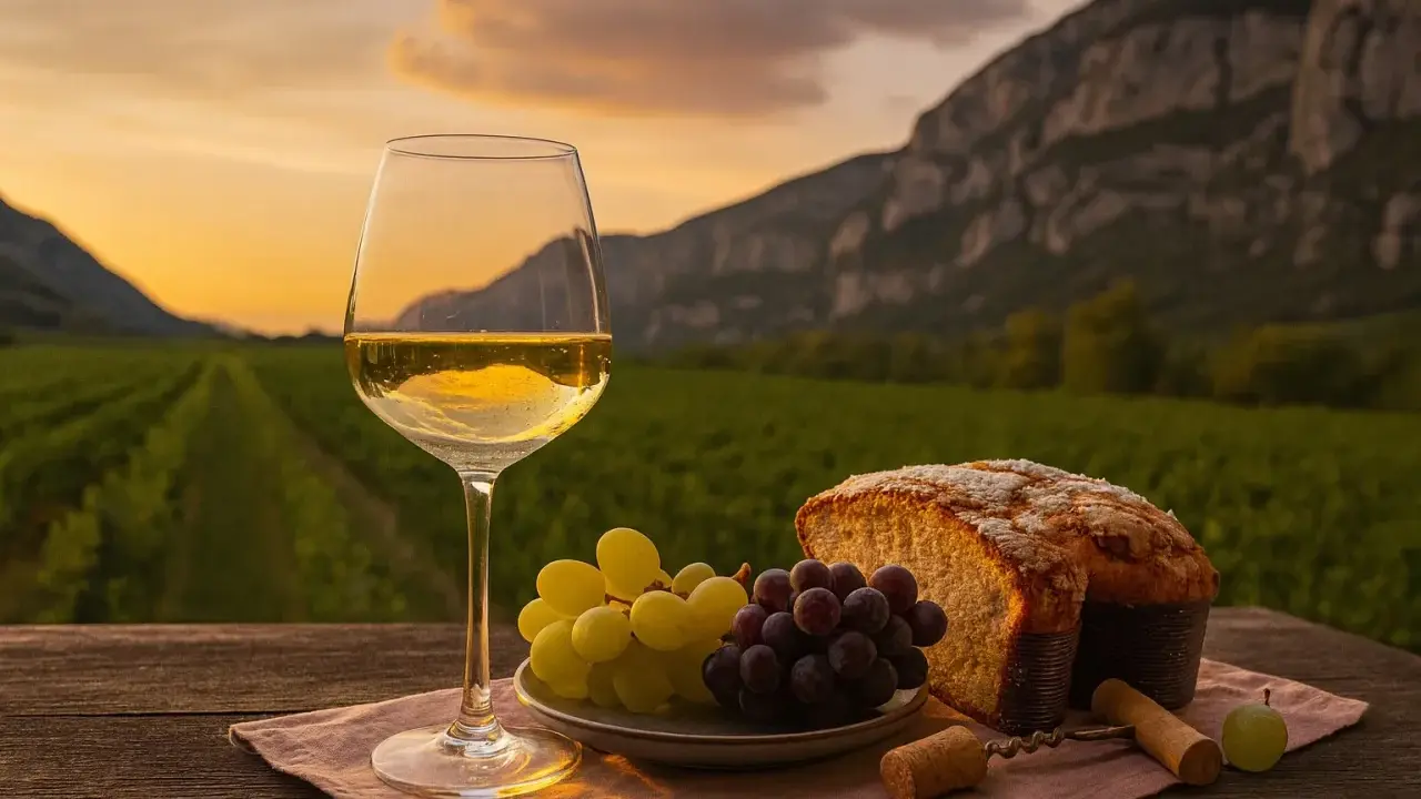 Ein Glas Pino Grigio steht neben Trauben und Brot auf einem Tisch vor einem Weinberg bei Sonnenuntergang.
