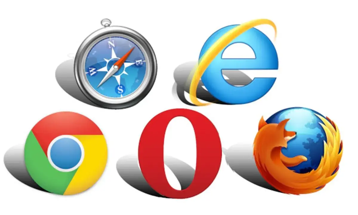 Icônes de logiciels de navigation pour PC : boussole, Internet Explorer, Chrome, Opera et Firefox.