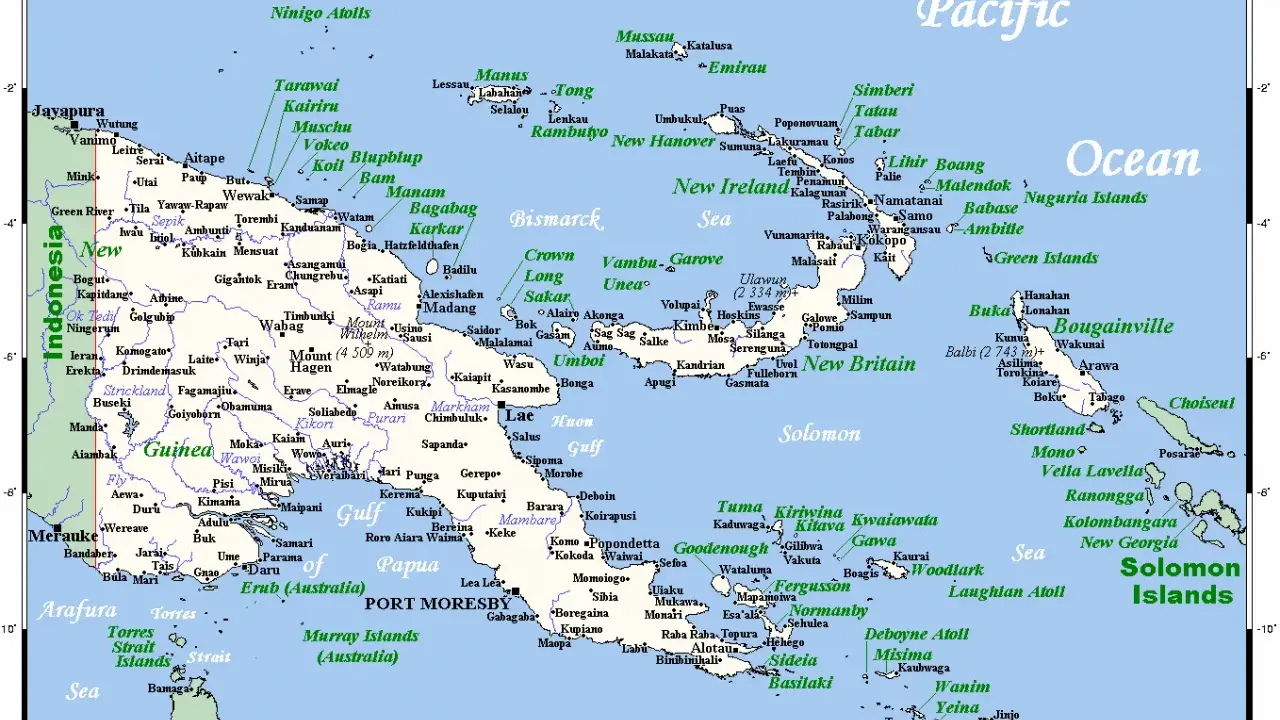Papua Nowa Gwinea mapa: wyspy, miasta, zatoki i oceany. Zobacz położenie Nowej Gwinei i okolicznych wysp.