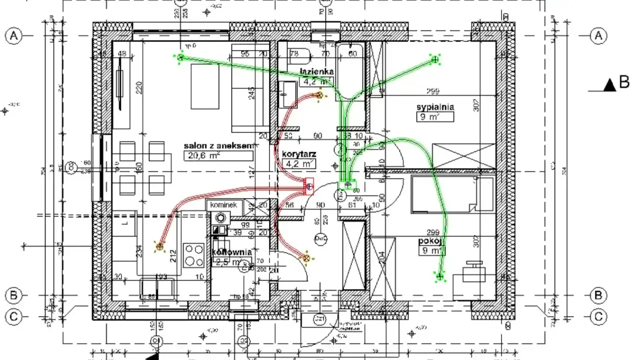 Projekt instalacji wentylacji mechanicznej z odzyskiem ciepła w mieszkaniu. Zielone linie pokazują nawiew, czerwone wywiew.