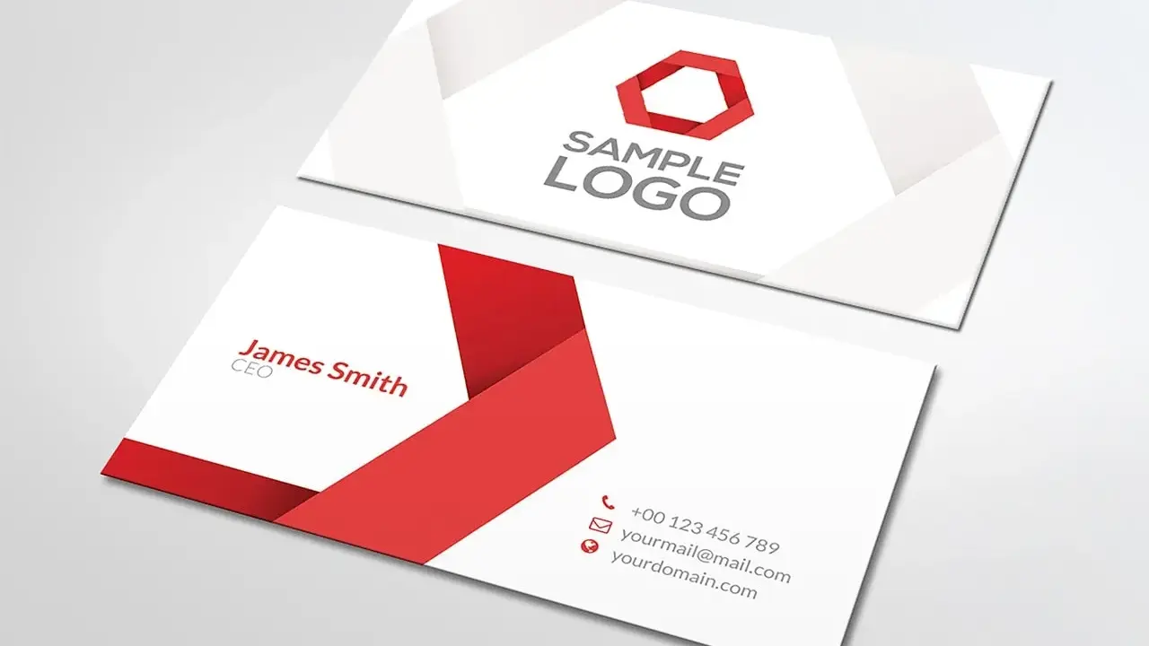 Dwie wizytówki z nowoczesnym, czerwono-białym wzorem. Jedna zawiera logo i napis "SAMPLE LOGO", druga dane kontaktowe i nazwisko "James Smith CEO". Idealny papier do wizytówek.