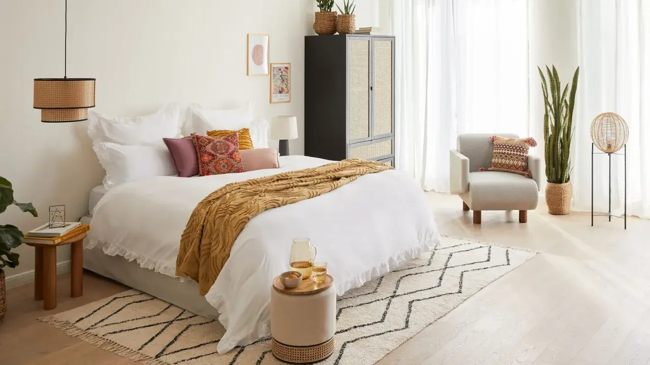 Cama acogedora con manta ocre y cojines vibrantes, ideal para un ambiente de feng shui cama.