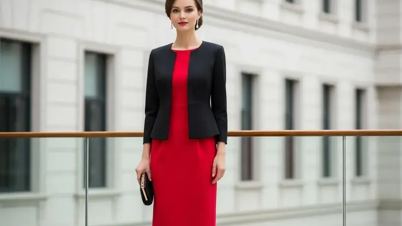 Elegancka kobieta w czerwonej sukience i czarnym żakiecie, idealna stylizacja jaki żakiet do czerwonej sukienki na wesele.