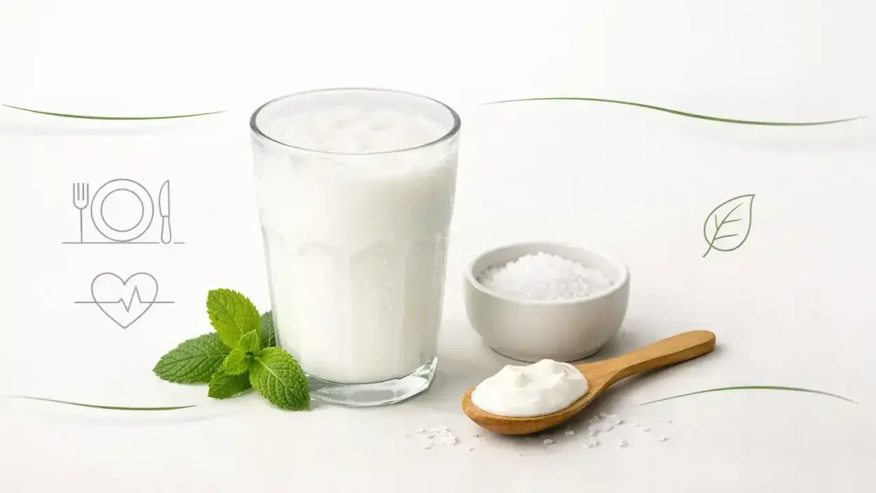 Szklanka orzeźwiającego napoju, miseczka soli i łyżka jogurtu. Czy ayran jest zdrowy? Tak, to świetny wybór dla serca i diety.