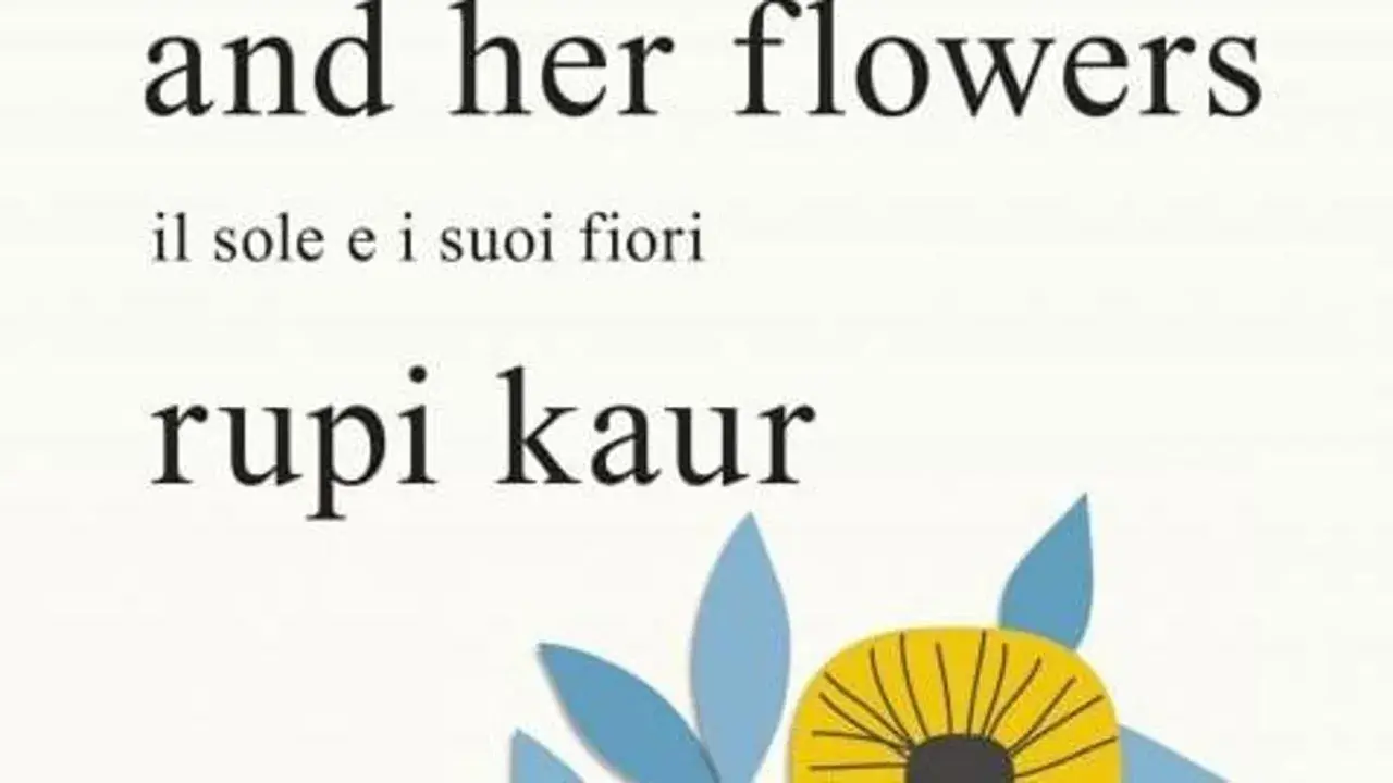 Il sole e i suoi fiori, un'opera di rupi kaur, con fiori stilizzati in primo piano.