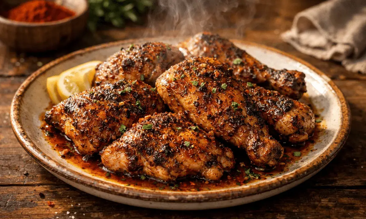Sabroso pollo cajun humeante en un plato rústico, con gajos de limón y un cuenco de pimentón al fondo.