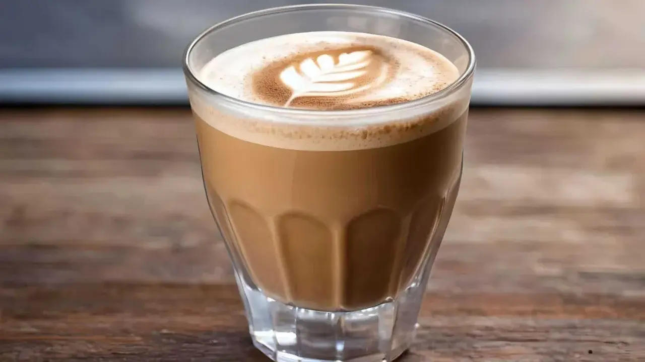 Ein Glas Cortado Kaffee mit Milchschaum-Latte-Art auf einem Holztisch.
