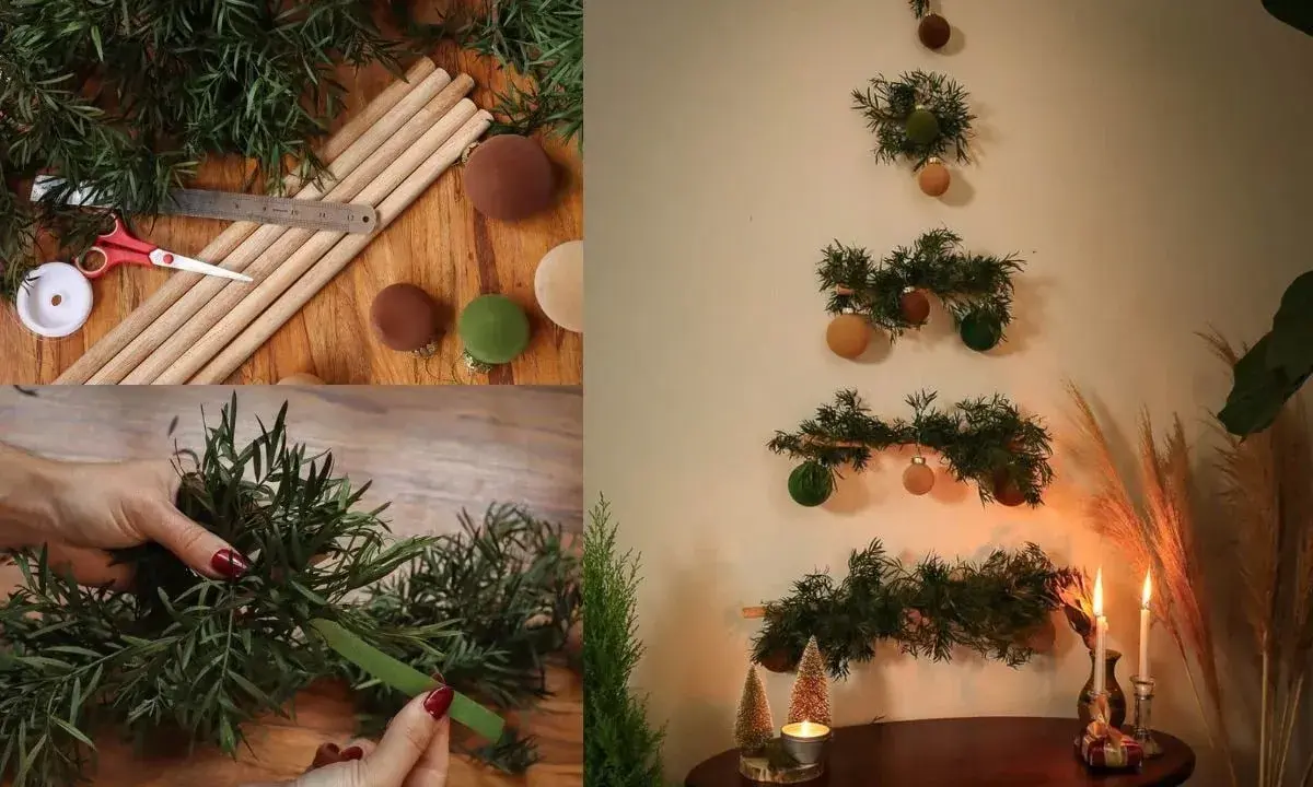 Julgrans inspo: gör en väggjulgran av granris och bollar. Enkla steg för en unik jul.