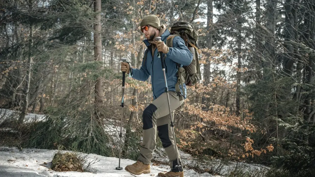 Mężczyzna w lesie z plecakiem i kijkami trekkingowymi. Prawidłowe dopasowanie kijków trekkingowych do wzrostu to klucz do komfortowej wędrówki.