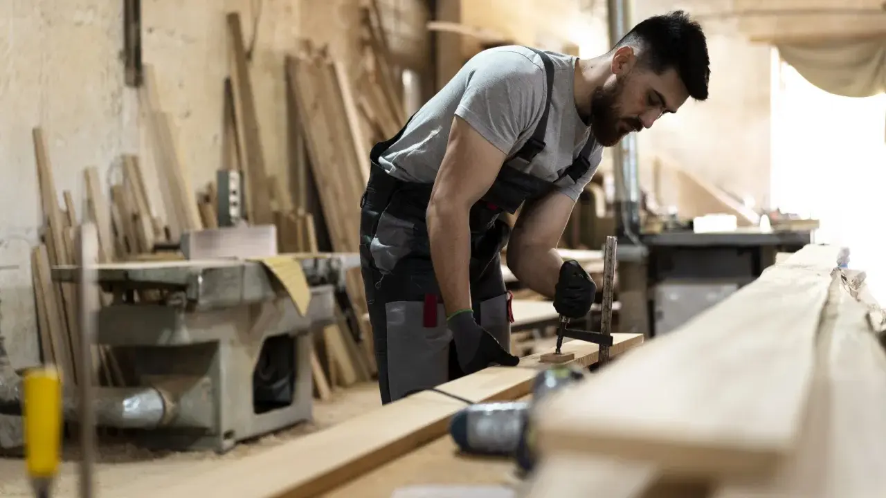 Carpintero ajustando una pieza de madera con una prensa. En el taller, se aprecian varios tablones y maquinaria, listos para crear acabados de madera perfectos.