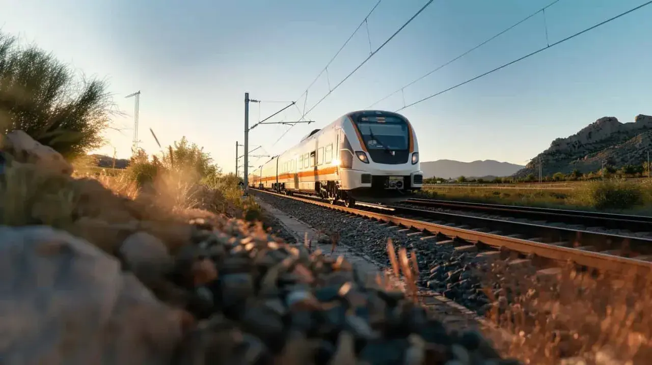 Treno moderno su binari al tramonto, ideale per capire come spostarsi da Porto a Lisbona in modo panoramico e rilassante.