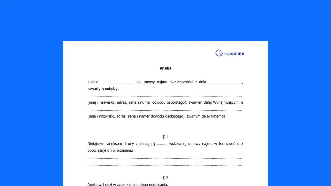 Aneks do umowy najmu nieruchomości, zawierający dane stron i postanowienia dotyczące zmian w umowie.
