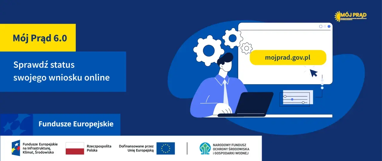 Osoba sprawdza status wniosku online na stronie mojprad.gov.pl. Program Mój Prąd 6.0.