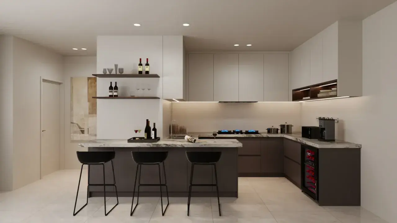 Elegantes diseños cocinas con isla, barra de desayuno, vinoteca y electrodomésticos modernos.