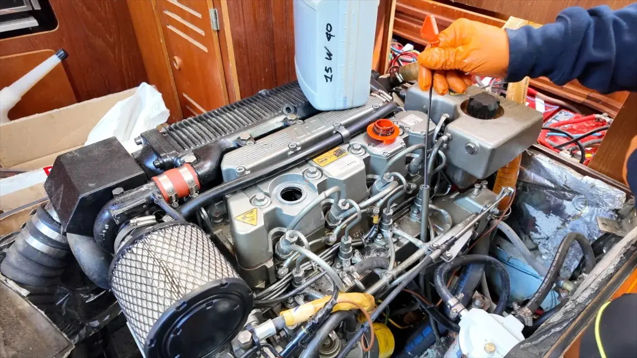Main d'une personne en gant orange vérifiant le niveau d'huile d'un moteur 4 temps ne démarre pas. Bidon d'huile 25W40 à proximité.
