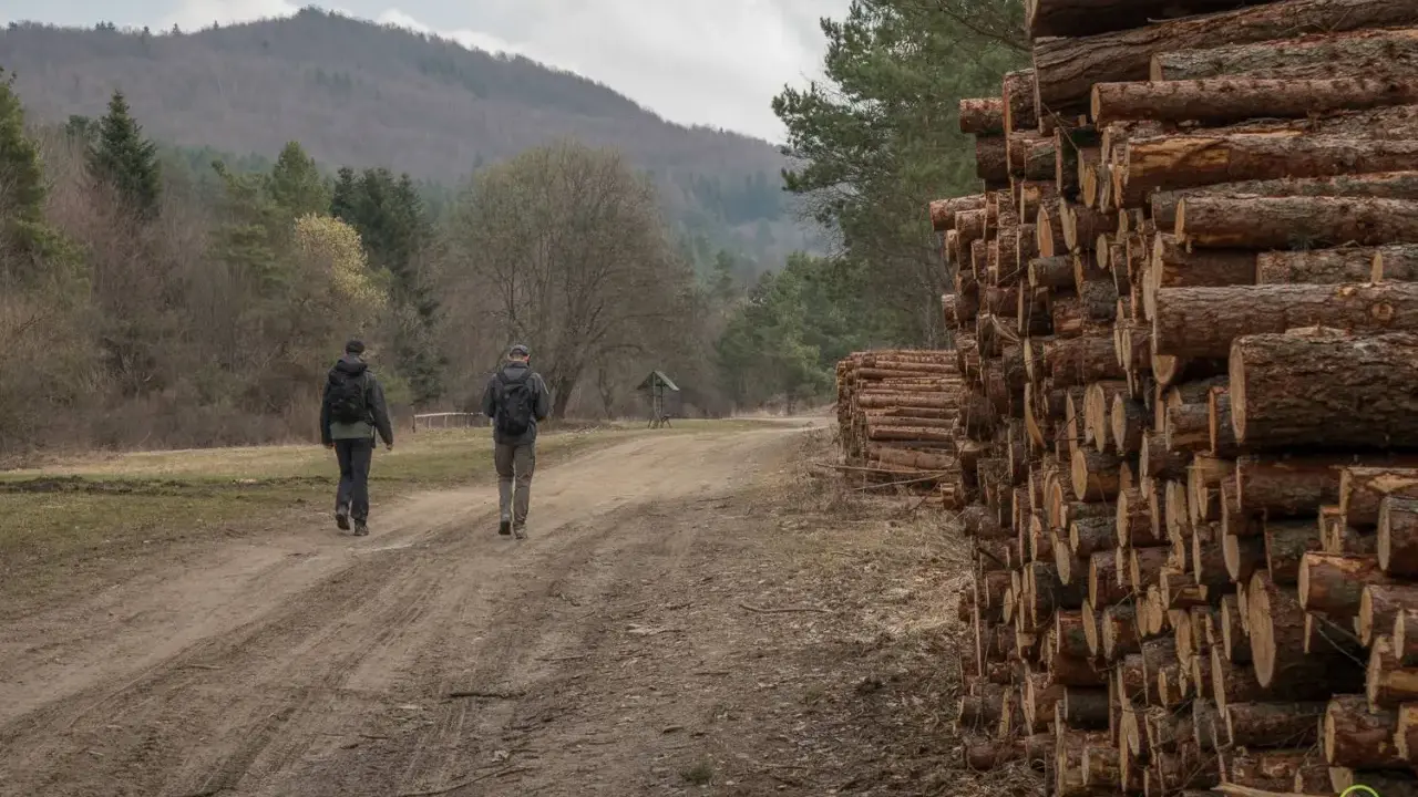 Dwóch turystów idzie drogą w kierunku lackiej góry, mijając stosy drewna.