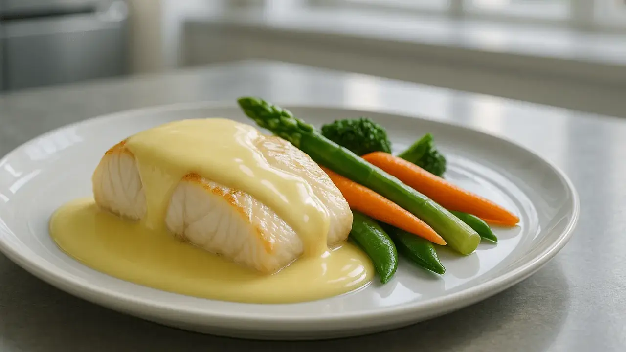 Filet de poisson nappé d'une onctueuse sauce beurre blanc, accompagné de légumes verts et de carottes.