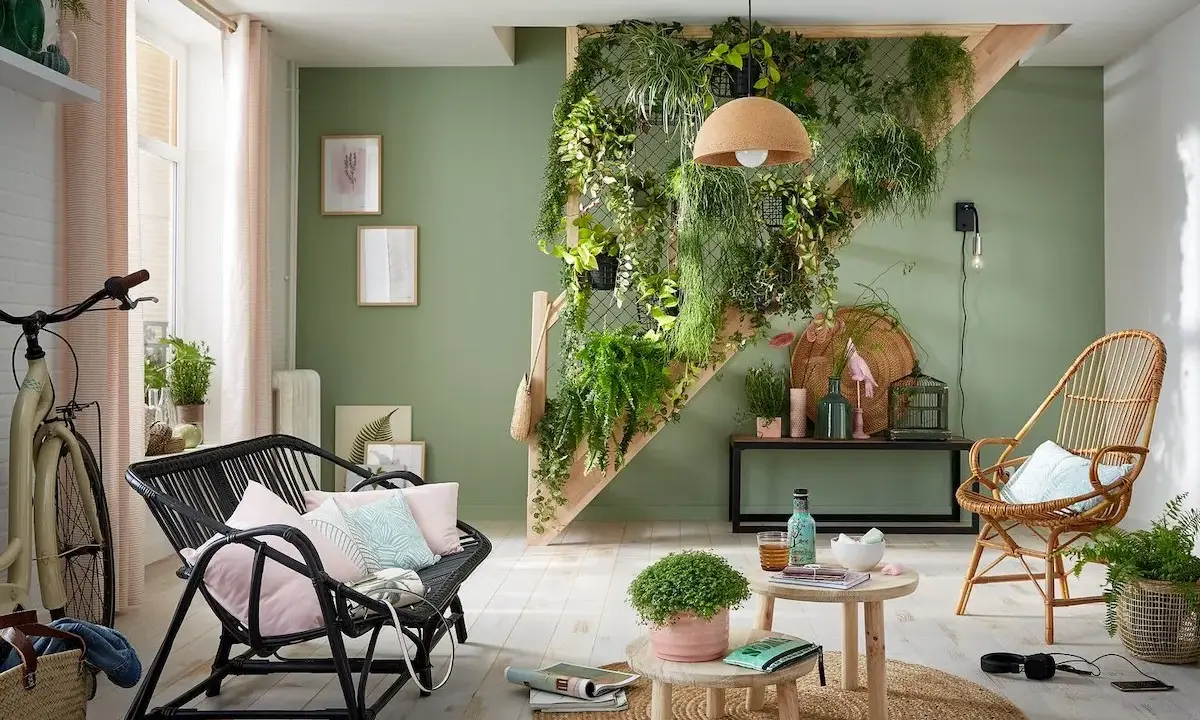 Une idée déco escalier mur avec un mur végétal luxuriant, un vélo vintage, des meubles en rotin et des coussins pastel.