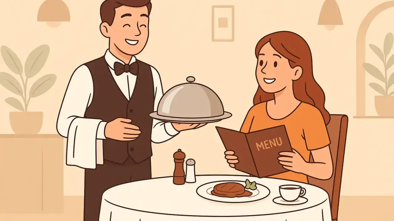 Un camarero sonriente presenta un plato cubierto a una clienta que lee el menú. El **food service** en acción, una experiencia culinaria.