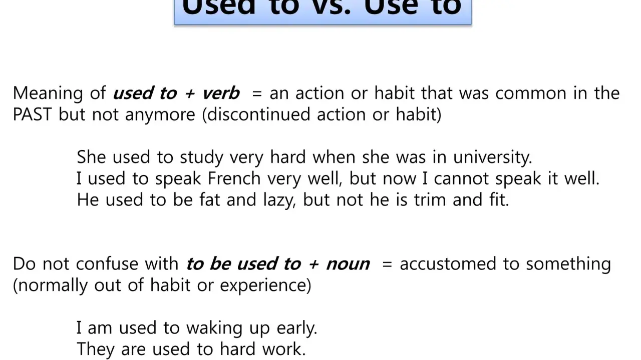 Wyjaśnienie "used to" (dawniej coś się robiło, ale już nie) i "to be used to" (być przyzwyczajonym do czegoś).