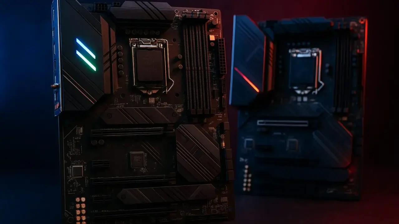 Deux cartes mères modernes, éclairées par des LED bleues et rouges. Un guide pour comment choisir sa carte mère.