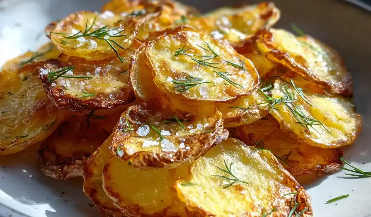 Krispiga, gyllene skivor av grillad potatis toppas med flingsalt och färsk dill. En perfekt sidorätt som passar till det mesta.