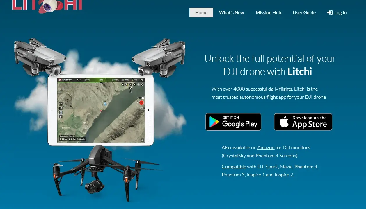Litchi App: Steuere deine DJI Drohne mit der Litchi App. Hier siehst du Drohnen, ein Tablet mit Kartenansicht und Download-Buttons.