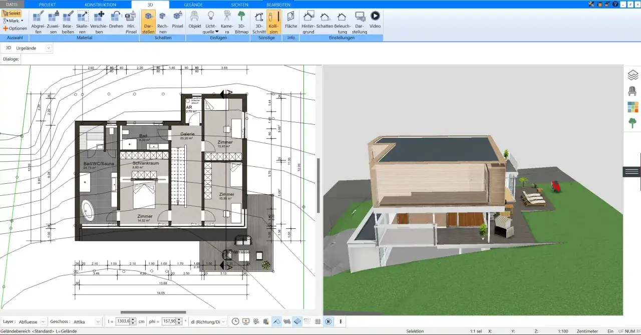 Grundriss und 3D-Ansicht eines modernen Hauses, das Dach wird gezeichnet.
