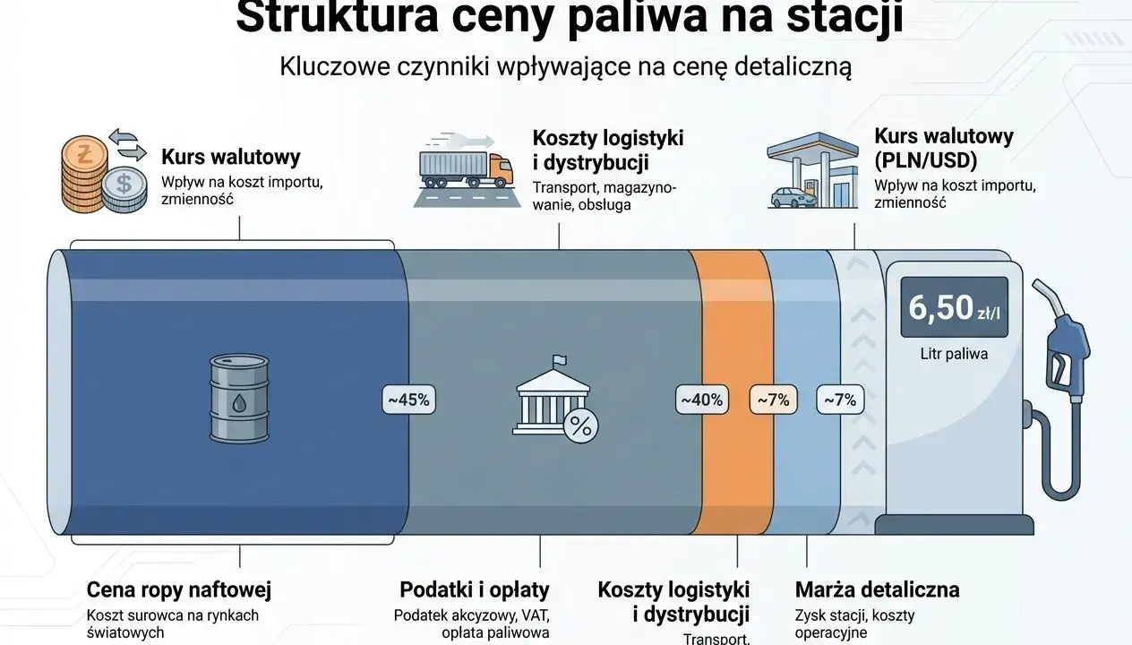 Struktura ceny paliwa: cena ropy naftowej (45%), podatki (40%), logistyka (7%), marża (7%). Kurs walutowy wpływa na koszt importu.