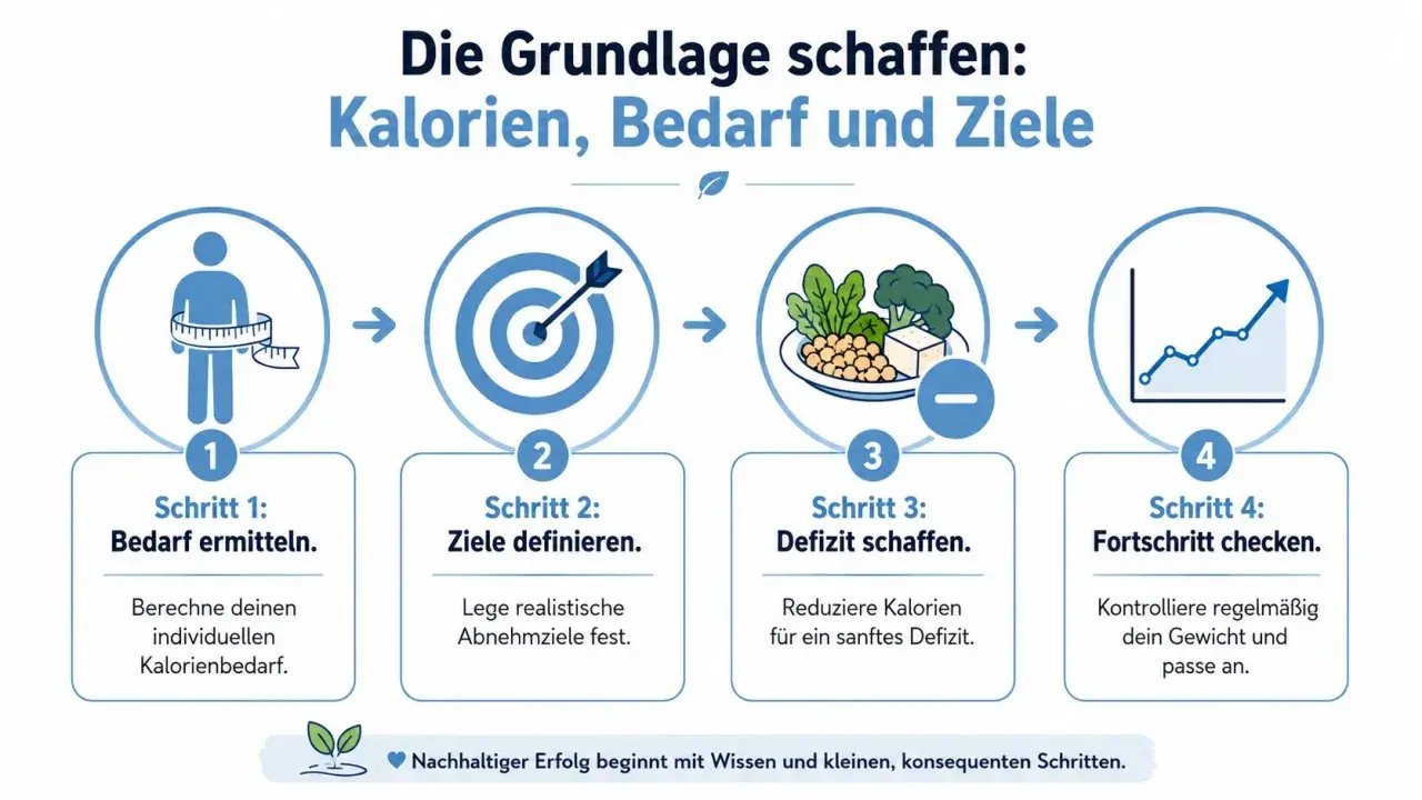 Schritt-für-Schritt-Anleitung für abnehmen in 4 wochen: Bedarf ermitteln, Ziele setzen, Kaloriendefizit schaffen, Fortschritt kontrollieren.
