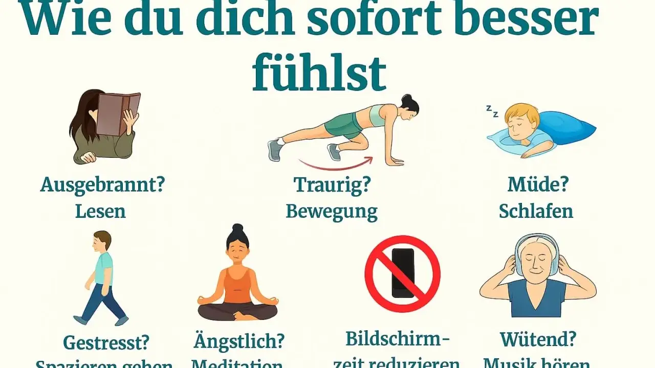 Sechs Illustrationen zeigen, was tun gegen Aufregung: Lesen bei Erschöpfung, Bewegung bei Traurigkeit, Schlafen bei Müdigkeit, Spazierengehen bei Stress, Meditation bei Angst, Bildschirmzeit reduzieren, Musik hören bei Wut.