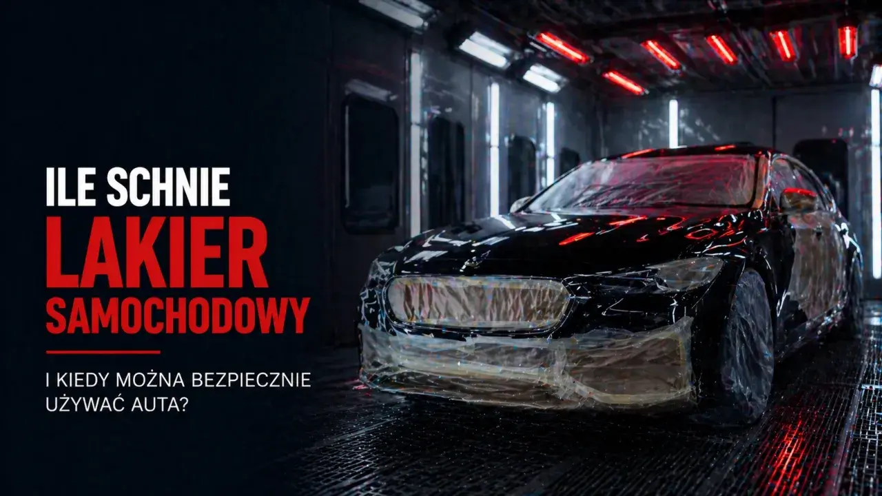 Czarny samochód w kabinie lakierniczej, częściowo oklejony folią. Tekst: "Ile schnie lakier samochodowy?".