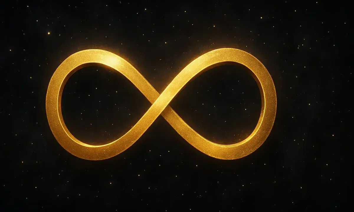 Un simbolo dorato dell'otto infinito brilla su uno sfondo scuro costellato di piccole luci scintillanti, evocando un senso di eternità.