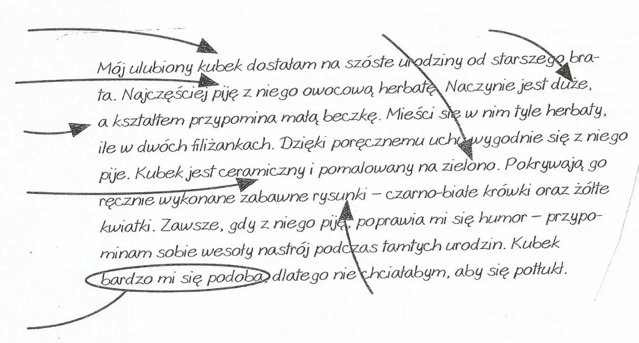 Opis siebie klasa 4: mój ulubiony zielony kubek z krówkami i kwiatkami, przypomina beczkę, idealny na herbatę.