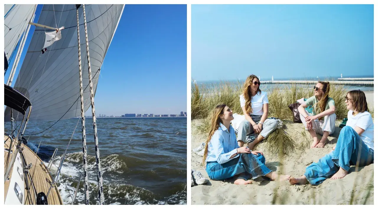 Un voilier prend le large, ses voiles gonflées par le vent. Sur la plage, des amies profitent du soleil, un moment de détente avant d'embarquer pour une nouvelle aventure.