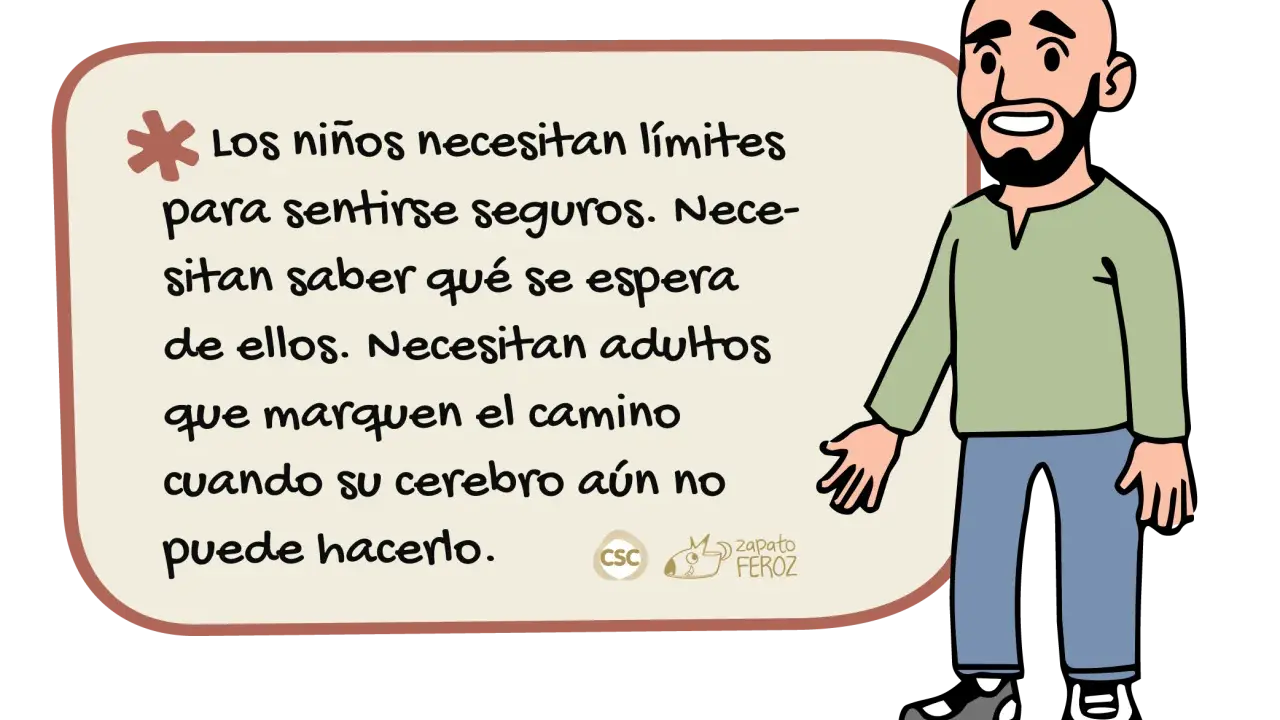 Un hombre calvo con barba sonríe. Un texto en un bocadillo explica que la crianza respetuosa implica dar límites a los niños para que se sientan seguros.