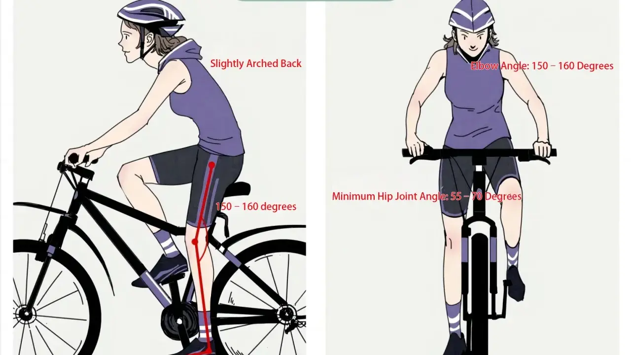 Illustrazione di una persona che pedala in bicicletta con la postura corretta, evidenziando angoli ottimali per schiena, gomiti e anche.
