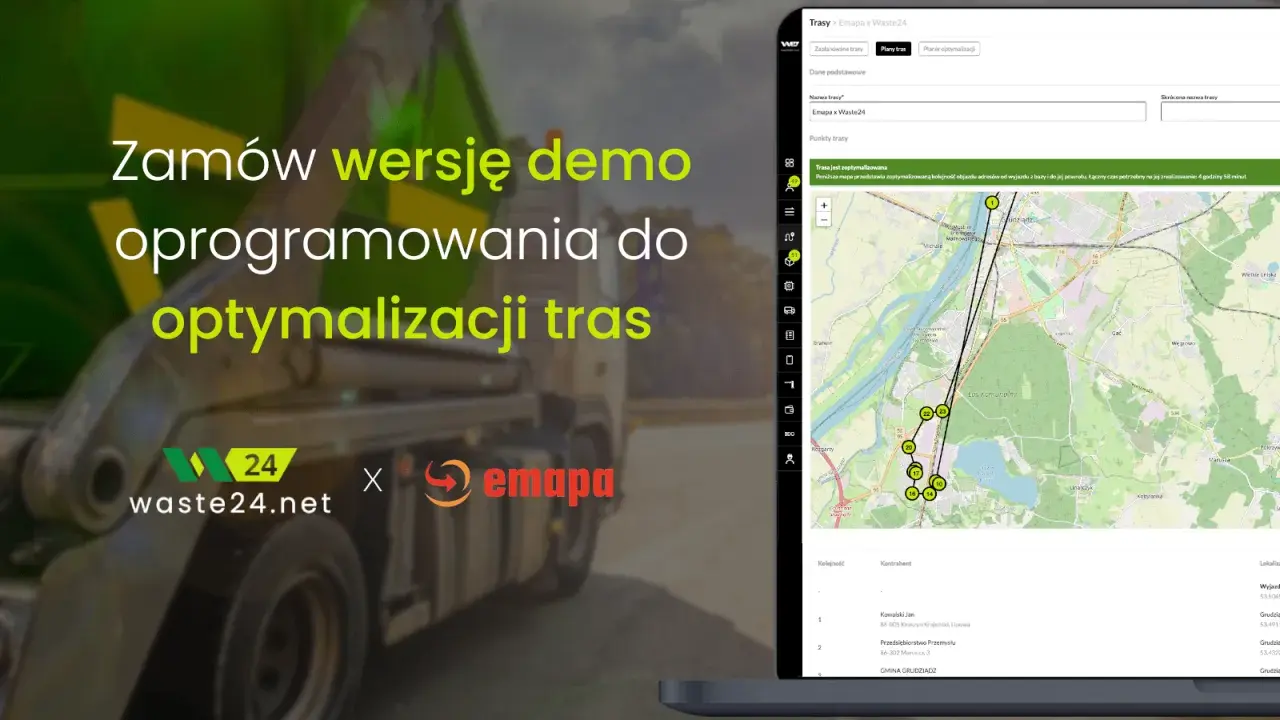 Oprogramowanie do optymalizacji tras Waste24.net i Emapa prezentuje wyznaczanie trasy dojazdu z zaznaczonymi punktami i czasem przejazdu.