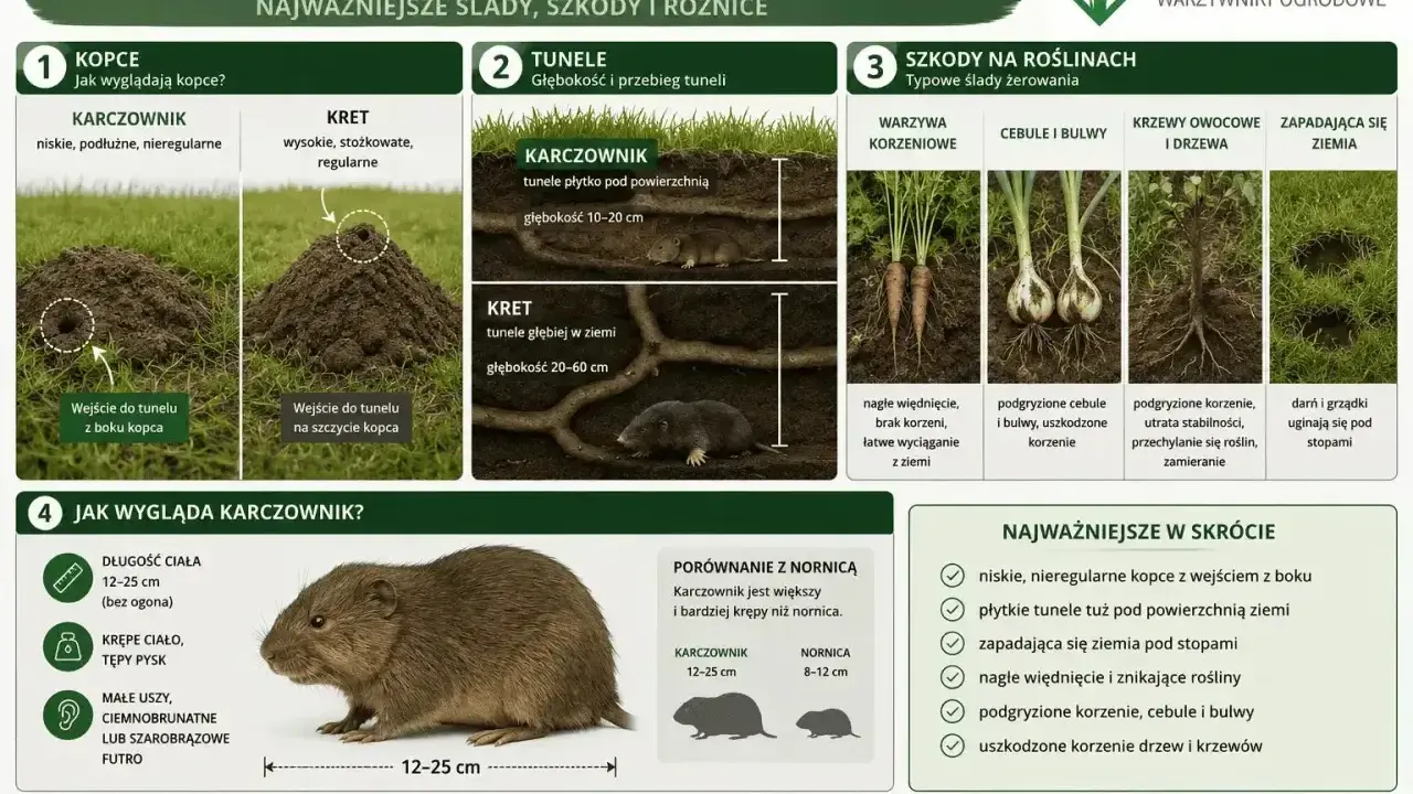 Niskie, nieregularne kopce karczownika w ogrodzie, płytkie tunele i szkody w roślinach. Porównanie z nornicą.