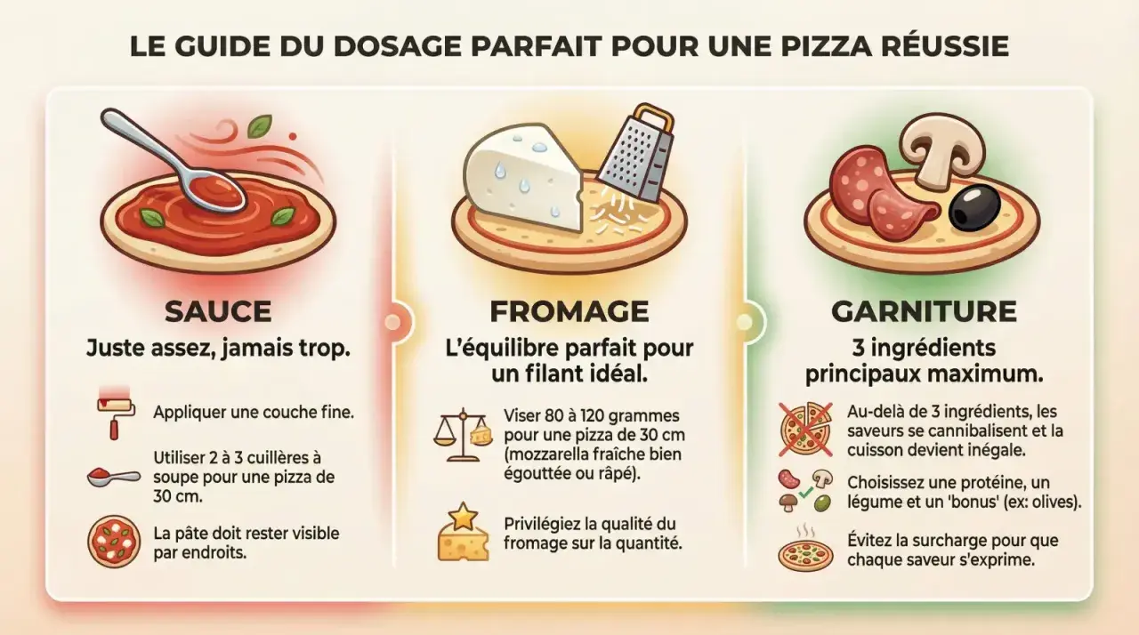 Guide pour la cuisson pizza : sauce, fromage et garniture. Conseils pour un dosage parfait et des saveurs équilibrées.