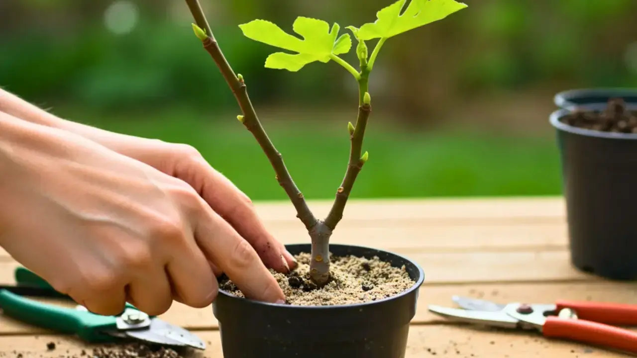 Mains ajustant la terre autour d'un jeune pousse figuier dans un pot. Des cisailles de jardinage sont à proximité.