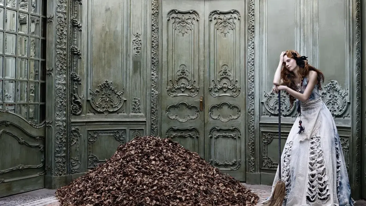 A woman in a tattered gown leans on a broom beside a mountain of leaves in a grand, ornate room, a scene captured by Eugenio Recuenco.