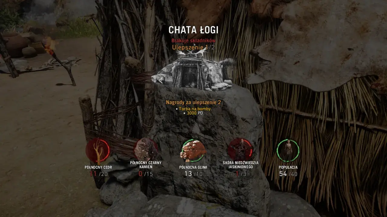 W grze Far Cry Primal ulepszasz chatę, zbierając północny cedr, kamień, glinę i skórę niedźwiedzia.
