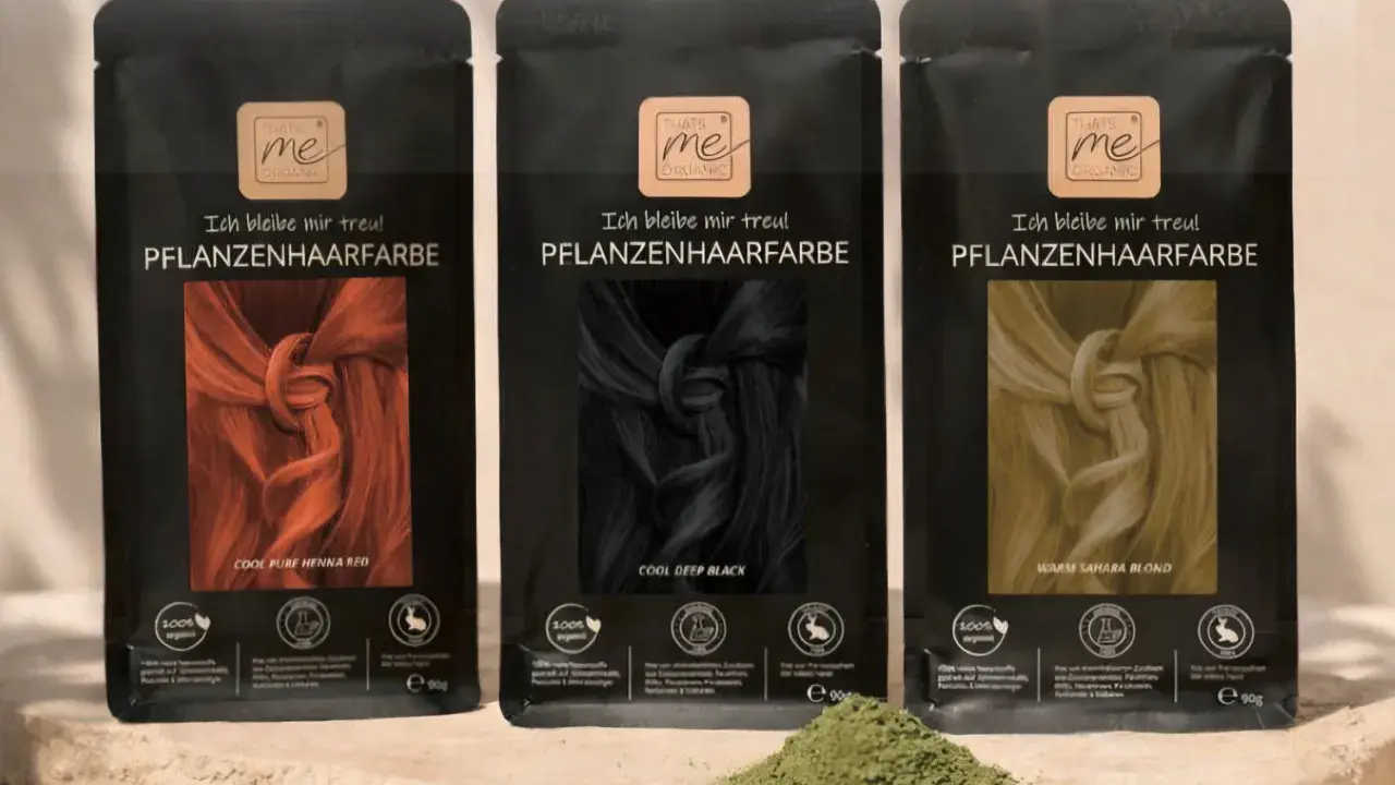 Drei Packungen Pflanzenhaarfarbe in Rot, Schwarz und Blond. Natürliche hairstyling produkte für eine schonende Farbveränderung.