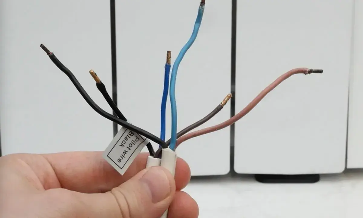 Main d'une personne tenant des fils dénudés d'un radiateur électrique. Une étiquette indique "Pilot wire Black".