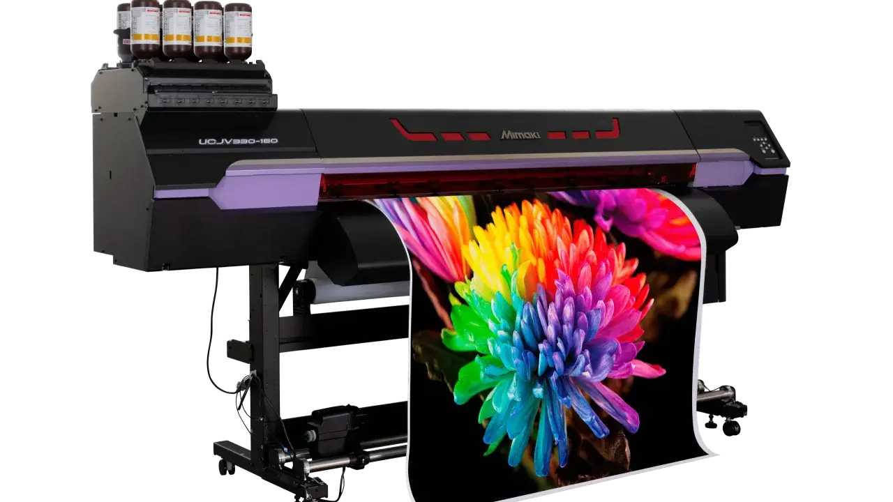 Drukarka Mimaki UCJV330-160 z tuszami UV, gotowa do tworzenia żywych wydruków, np. kolorowego kwiatu.