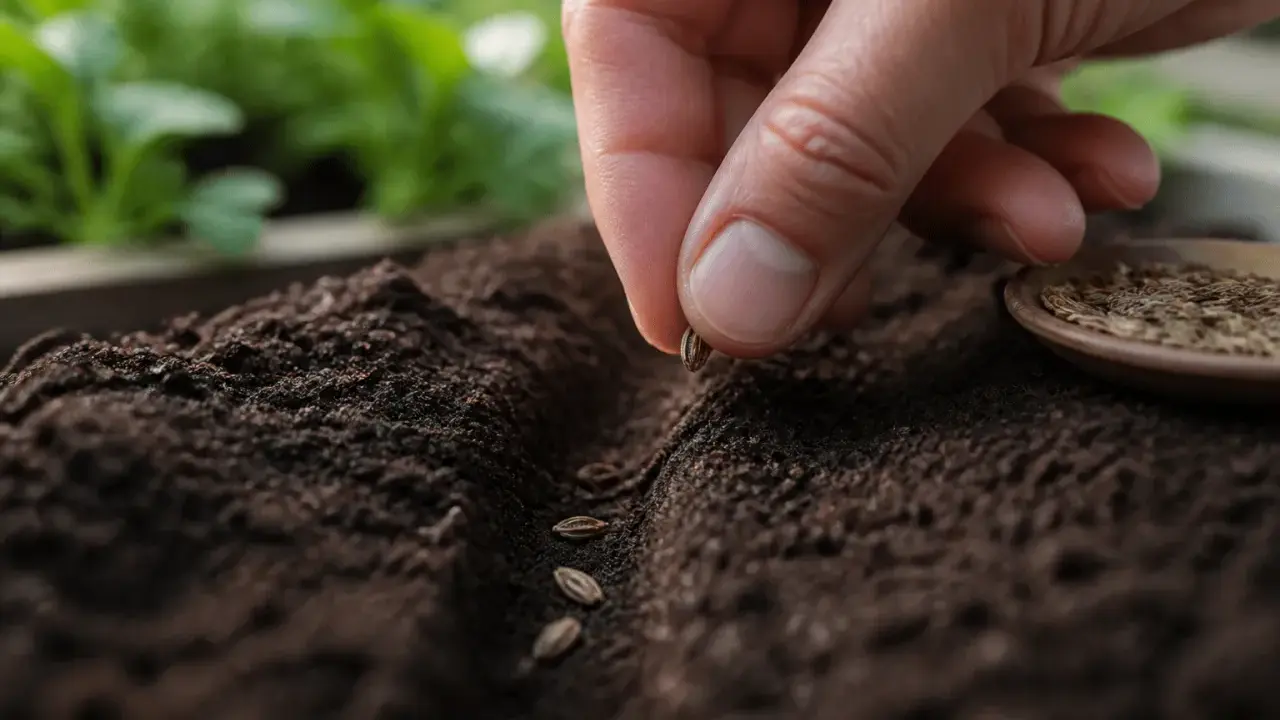 Main d'une personne semant des graines de carottes dans la terre. Le moment idéal pour savoir quand semer les carottes d'hiver.