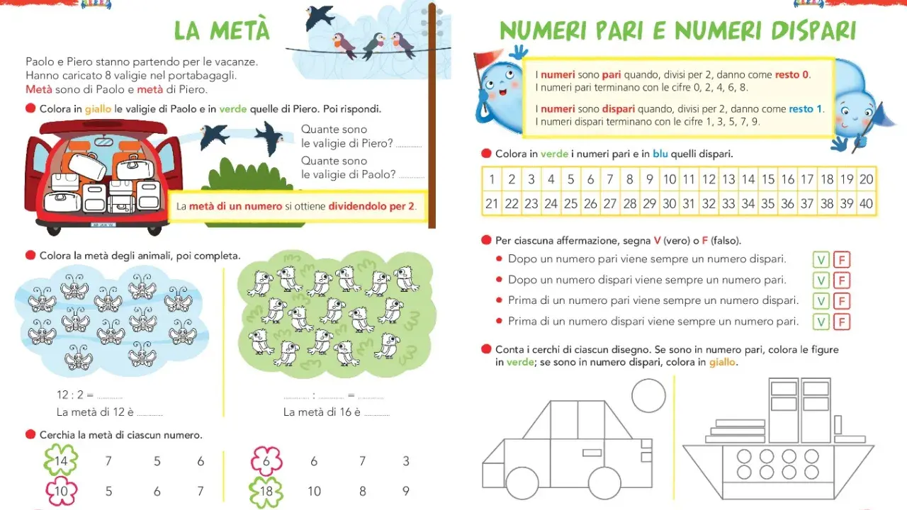 Esercizi di matematica per la classe seconda su numeri pari e dispari, con esempi visivi di metà e divisione per 2.